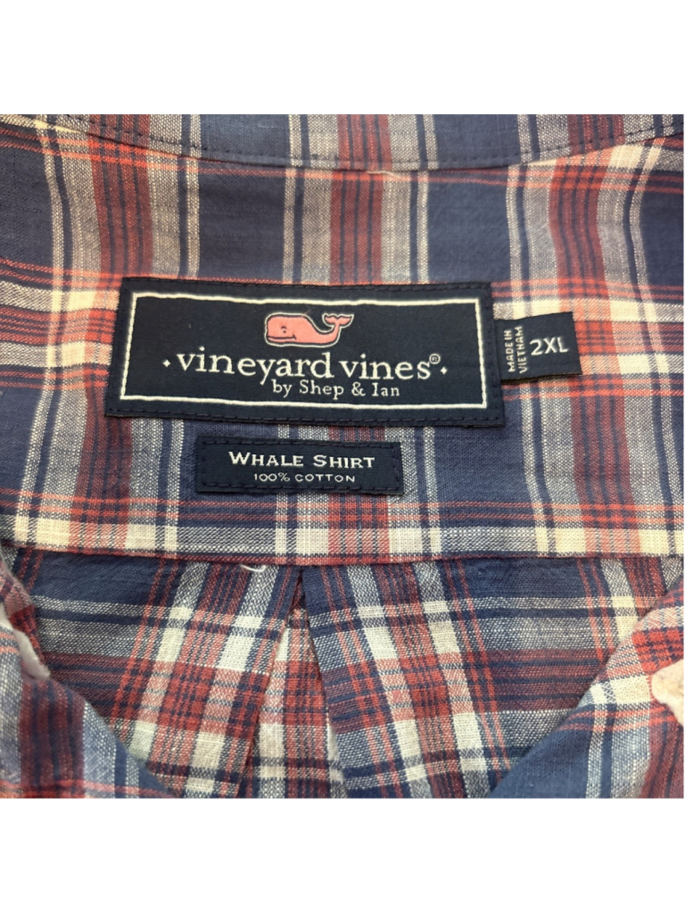 vineyard vines shirt men short sleeve button up whale shirt 2XL blue plaid